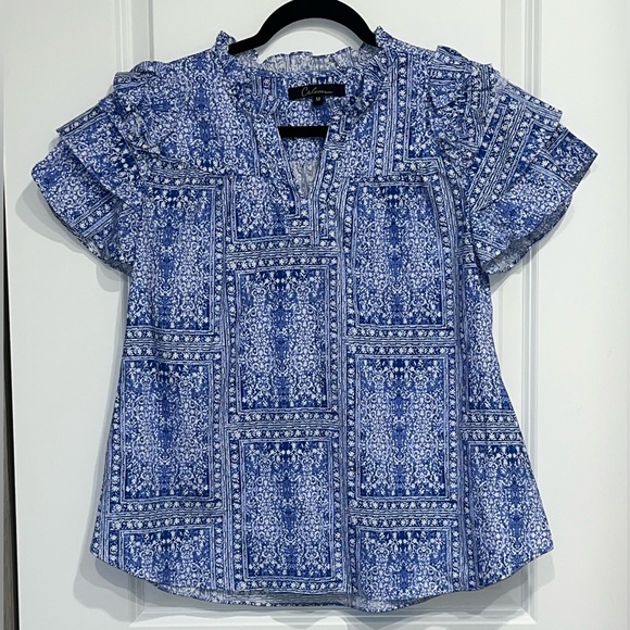 Calessa Short Sleeve Top Ruffle Collar Boho  Size Medium Flutter Sleeve - Picture 1 of 6